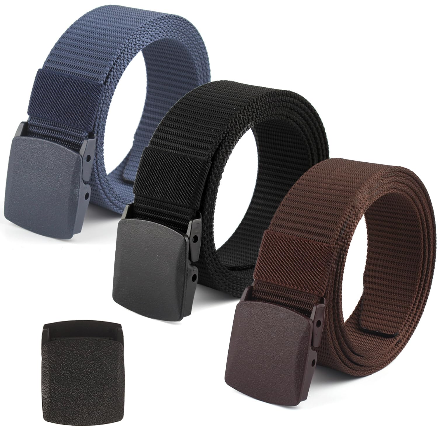 Coobbar Tactical Belt 3-Pack, Adjustable Nylon Military & Outdoor Men’s Web Belt With Plastic Buckle - Durable Canvas Belt (Dark blue, black, brown, Fits pans up to 45'')