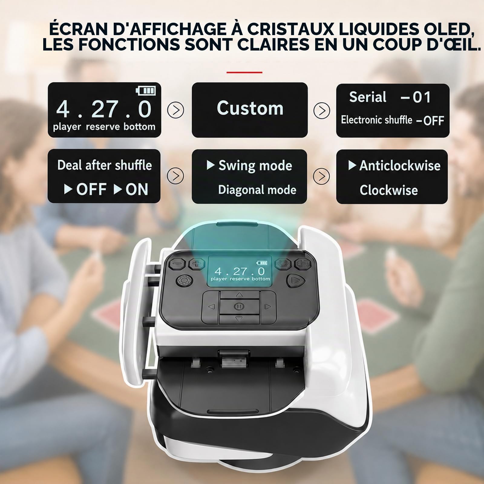 Mélangeur et Distributeur de Carte Automatique 2-en-1, Distributeur Cartes Jeu Automatique pour 2-8 Joueurs, 360° Rotation Rechargeable, Compatible avec UNO/Poker/Tous Types de Cartes