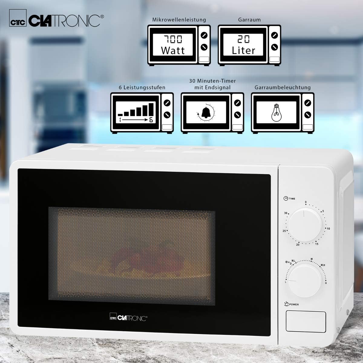 Clatronic MW 791 - Forno a microonde, 700 W, 20 l, timer da 30 minuti con  segnale finale, 6 livelli di potenza, illuminazione per camera da letto,  bianco : Amazon.it: Casa e cucina