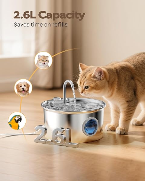 Fontaine a Eau Chat INOX: Fontaine à Eau pour Chat Acier Inoxydable Automatique avec Fenêtre de Niveau d'eau - 2,6L Silencieuse Distributeur d'eau Électrique avec Robinet pour Petits Chiens - 2