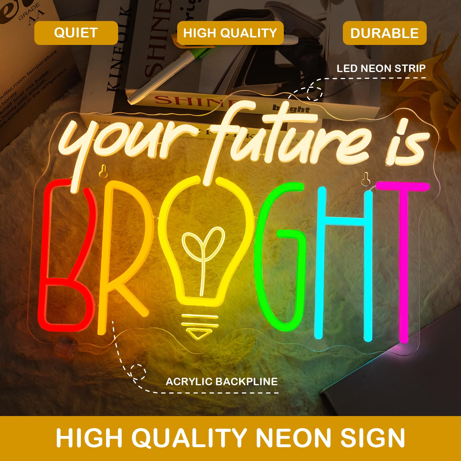 Horseneon Your Future Is Bright - Insegna al neon motivazionale per studenti, decorazione da parete a LED per scuole, regali per insegnanti e aree di studio, alimentata tramite USB con luminosità