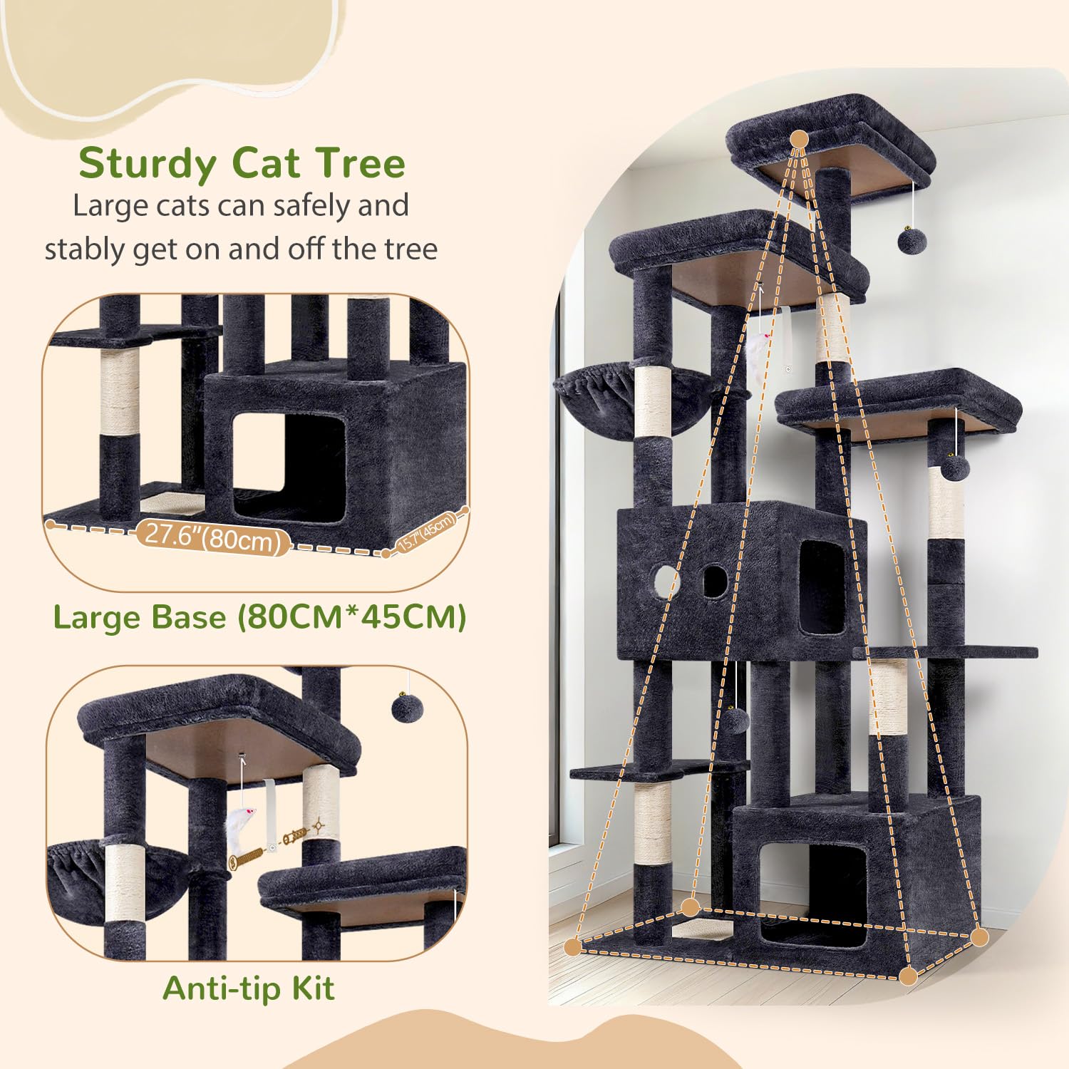 Globlazer Árbol Rascador XXL para Gatos Grandes 203 cm con 2 Nidos Grande 45*40*35cm, 3 Plataforma Amplio, Tablero Sisal, Cesta, Enorme Arbol Rascador para Gatos Adultos Interior (F80E, Gris Oscuro)