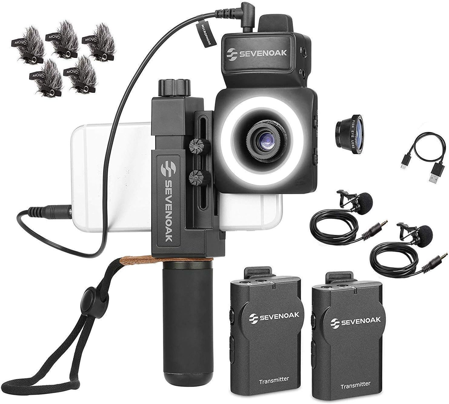 Movo SmartCine W2 - Wireless Smartphone Video Kit with Phone Rig, Dual Wireless Lavalier Microphone System, LED Light, Wide and Fisheye Lenses for iPhone/Android Phones - YouTube, TIK Tok Kit
