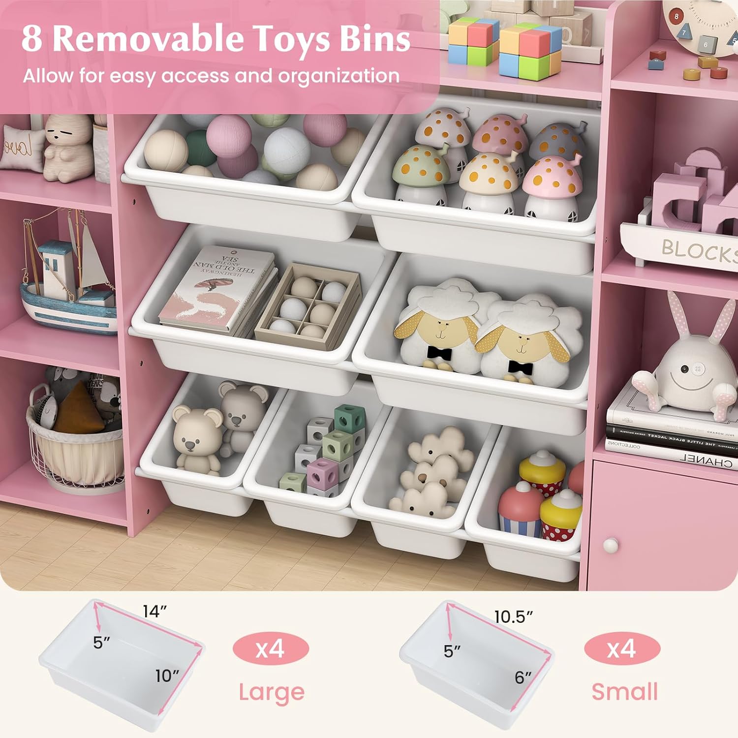 HONEY JOY Kids Toy Storage Organizer, Wooden Floor Storage Cabinet Toy Chest w/ 8 Removable Bins, Open Shelf, Kids Display Bookshelf for Classroom, Playroom & Nursery, Kindergarten (Pink)