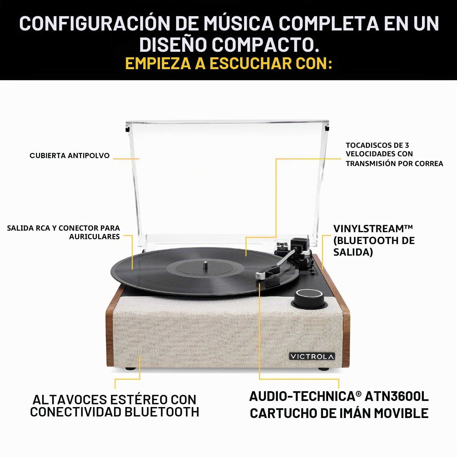 Tocadiscos Victrola Eastwood II con Altavoces – Bluetooth 5.1 y tecnología Vinyl Stream, Tocadiscos de Vinilo de 3 velocidades de Estilo Vintage, cápsula Audio Technica AT-3600LA (Roble)