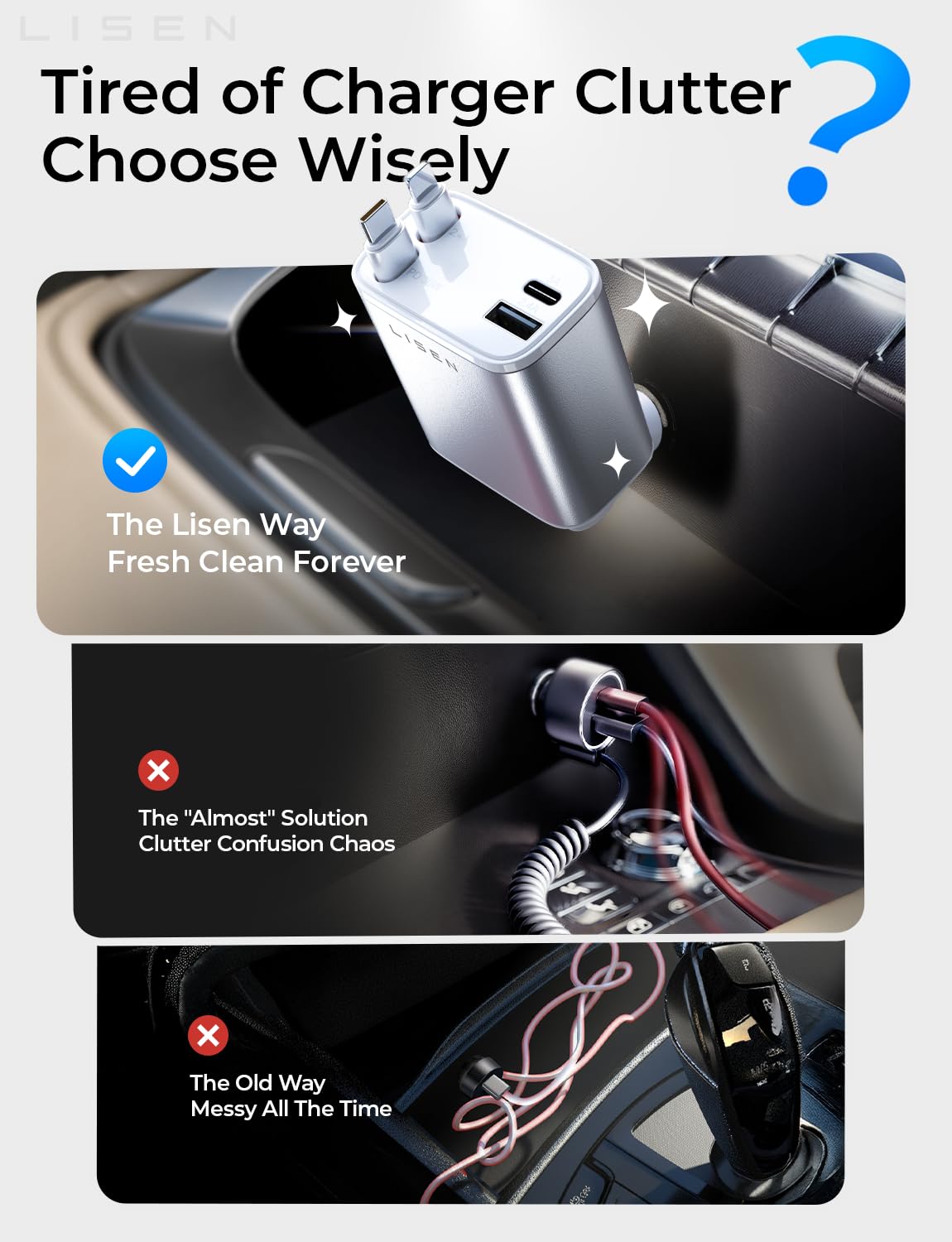 LISEN Retractable Car Charger for iPhone, for iPhone 17 Pro Max 16 15 14 13 12 Plus Mini, Cute 4 in 1 Retractable USB C Car Charger Fast Charge for Women Men, 84W Fast Charging Car Accessorie view 3