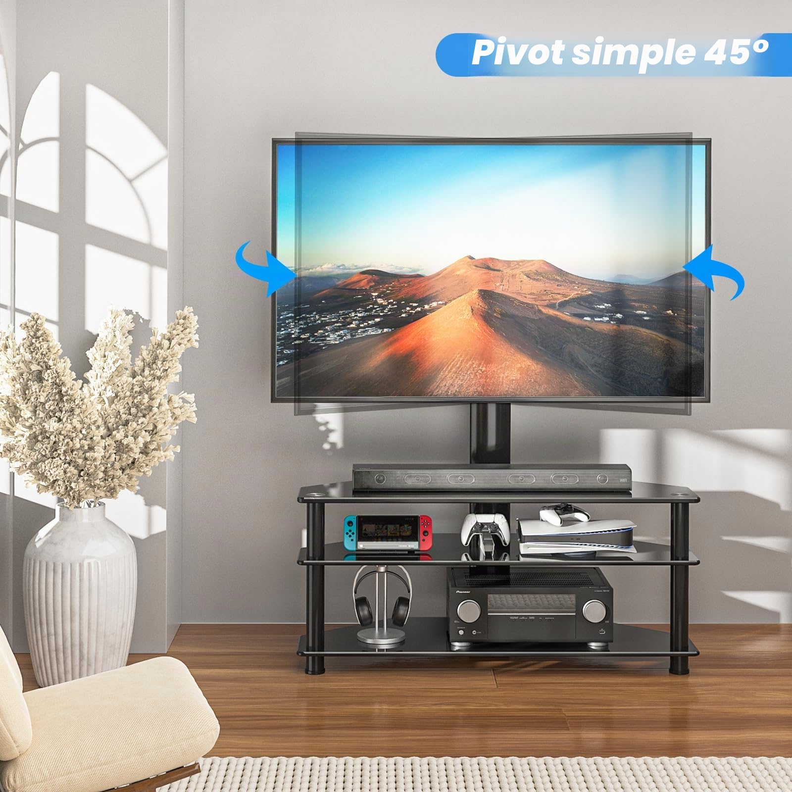 RFIVER Meuble TV avec Support Pivotant Hauteur Réglable pour TVs et Ecrans LCD LED de 32 à 70 Pouces 3 Étagères TW1002