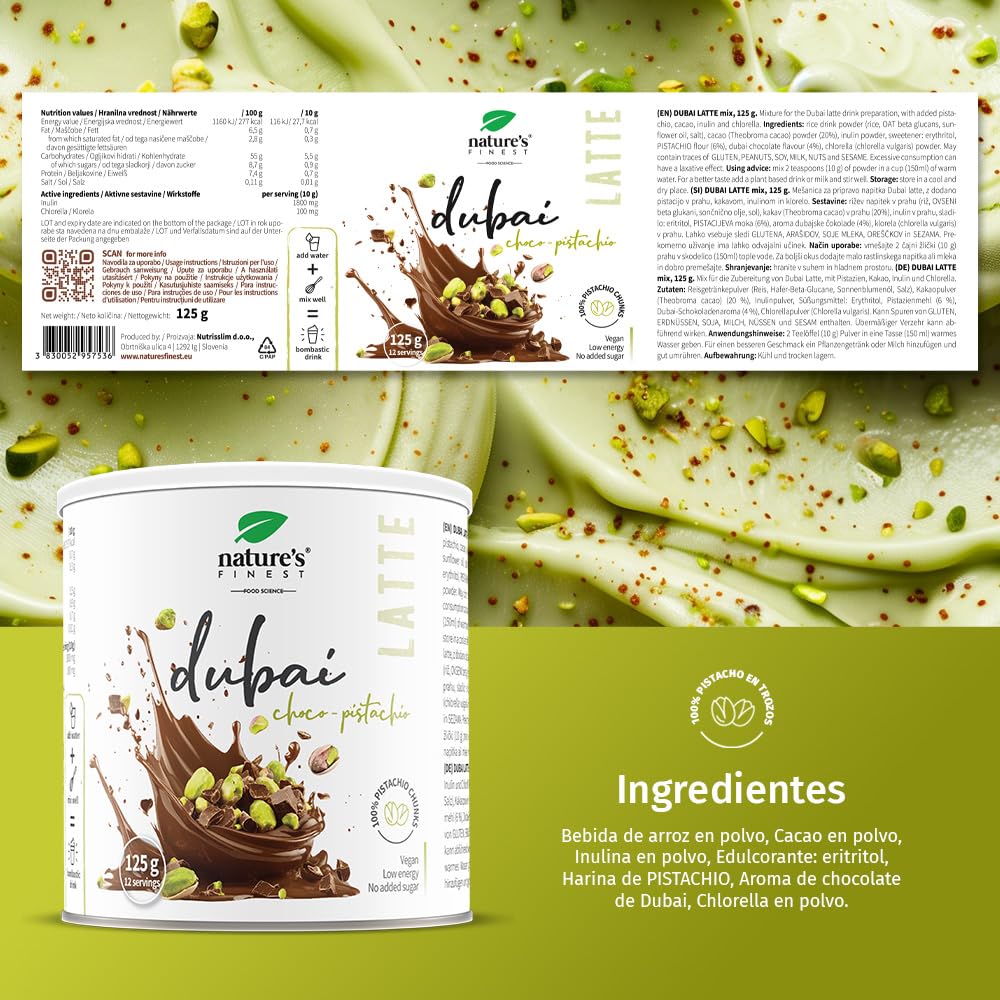 Nature's Finest Dubai Latte Mix con Pistacho, Cacao, Inulina y Clorella, 125 g - Bebida Vegana sin Azúcar Añadido - Apoyo Digestivo y Detox Natural - Bajo en Calorías, Apto para Dietas Keto y Low Carb