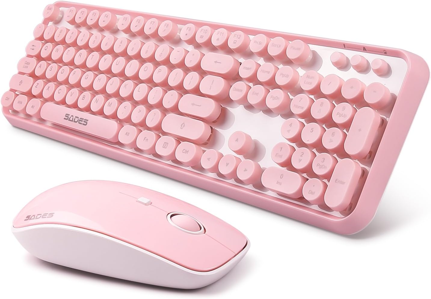 Pink Wireless Keyboard and Mouse Combo, Retro Typewriter Style Round Key Keyboard, 2.4GHz Full Size Cute Aesthetic Bubble Creamy Keyboard for Long Nails, Mouse with 3 DPI for PC Laptop Desktop