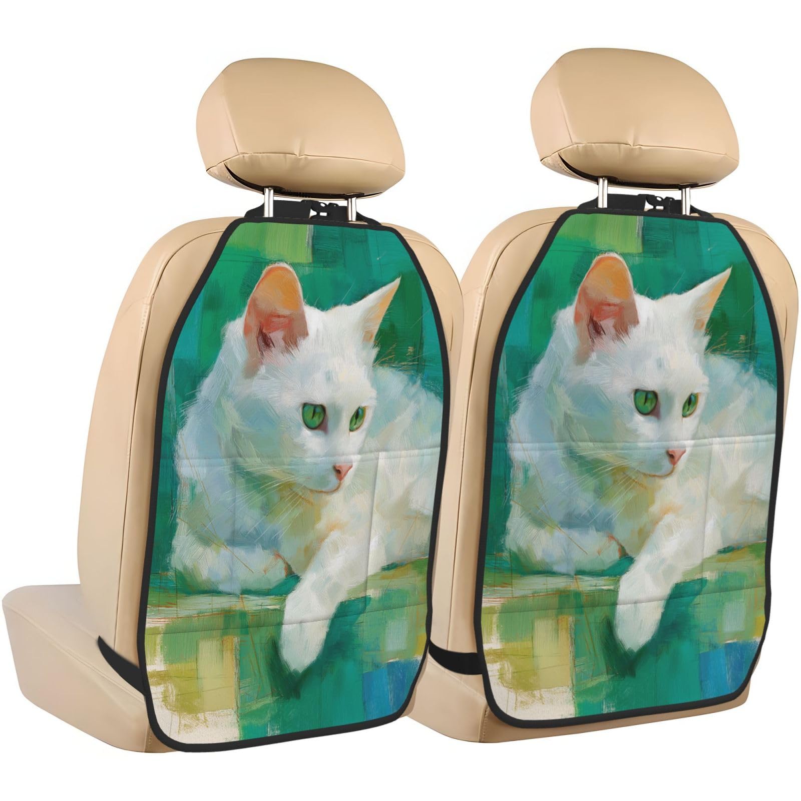 Watercolor Gouache White Cat Car Seat Back Kick Protectors,2 Pack Kick Mats with Storage Pockets for Vehicles to Protect from Dirt Mud Scratches
