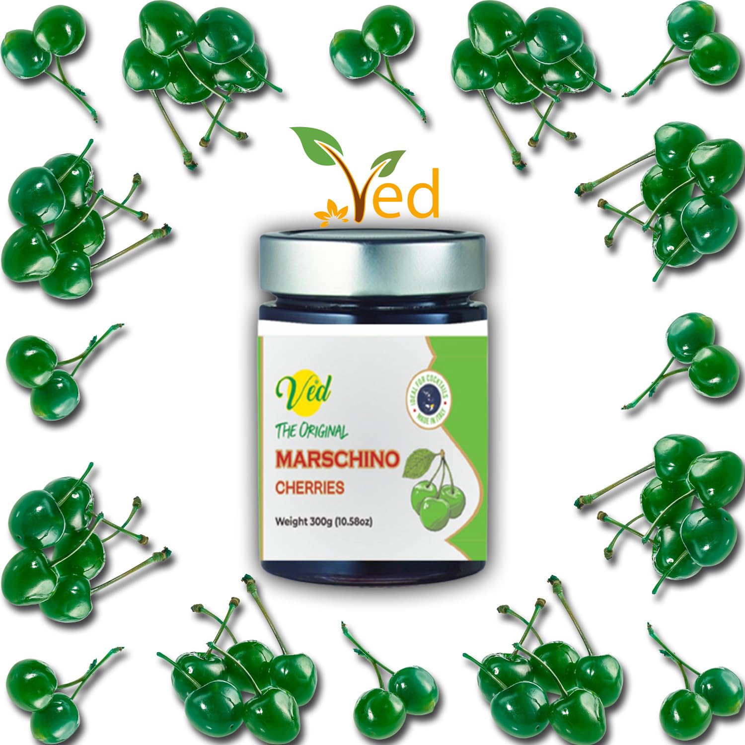 Ved Gourmet Original Red & Green Maraschino Cherries - Italian Cherry for Old-Fashioned Cocktails - Vegan Cocktail, Bourbon Cherries in Natural Syrup for Cocktail Garnish