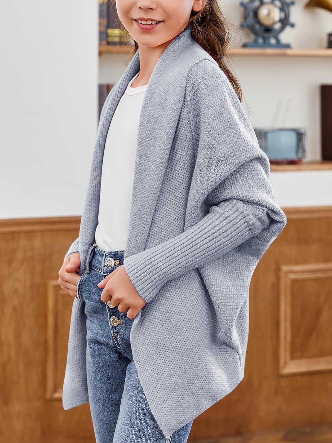 Laseily Girls Open Front Cardigan Sweaters Batwing Long Sleeve Shawl Collar Ribbed Knit Winter Coats - Image 4