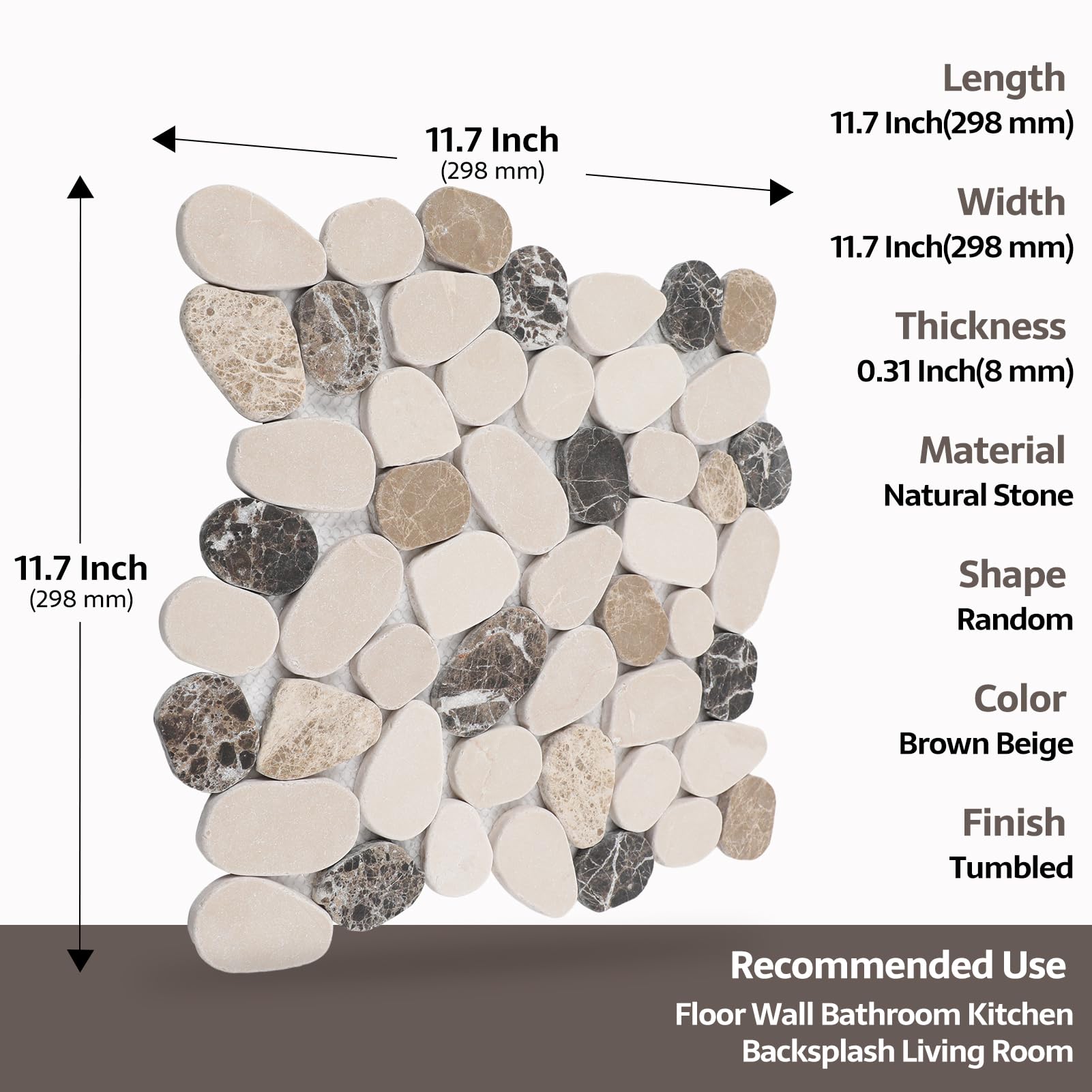 Azulejo de guijarros para suelo de ducha, azulejos de mosaico de piedra natural para cocina, baño, marrón beige, 4 hojas