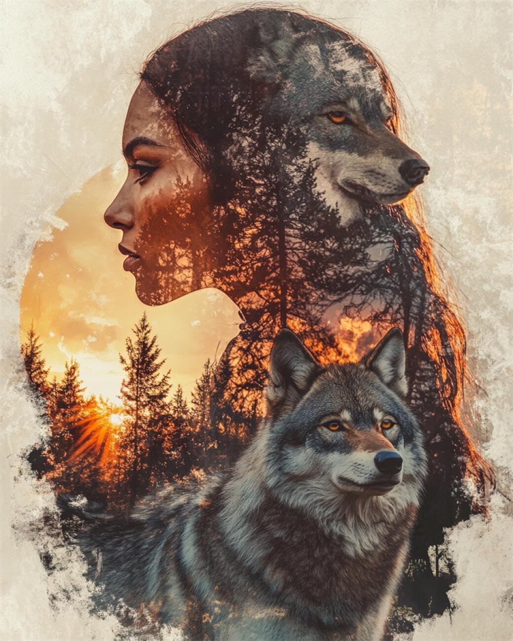 RKFLGEW Animal 14CT Embroidery Kit Portrait of A Wolf and A Woman Cross Stitch Starter Set for Adults DIY Needlepoint Kits Embroidery Patterns Home Decoration 40x50cm