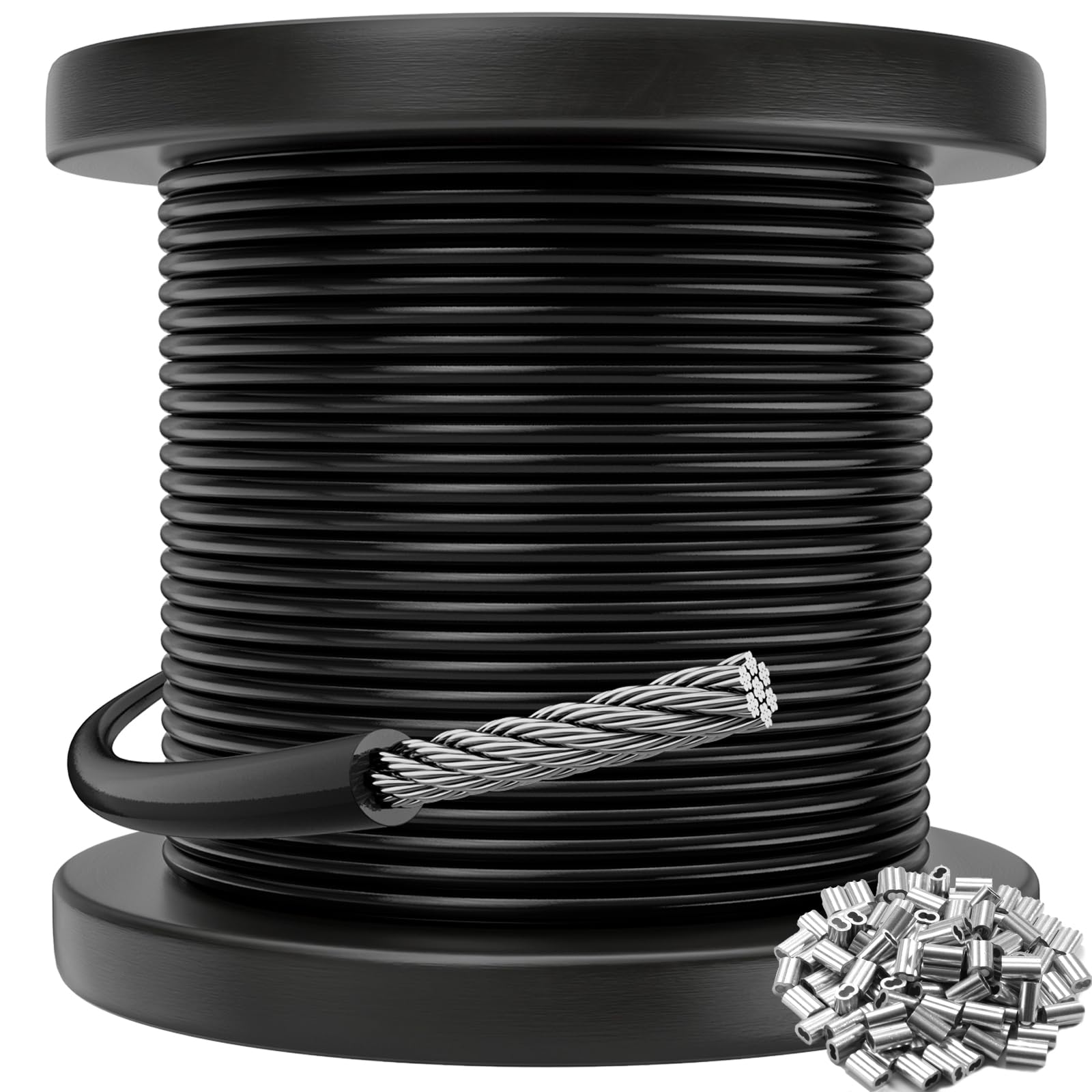Black Vinyl Coated Cable - 304 Stainless Steel Wire Rope 1/16 Inch Overmolded to 3/32 Inch for Outdoor Hanging DIY Projects String Lights Trellis Clothesline 100ft