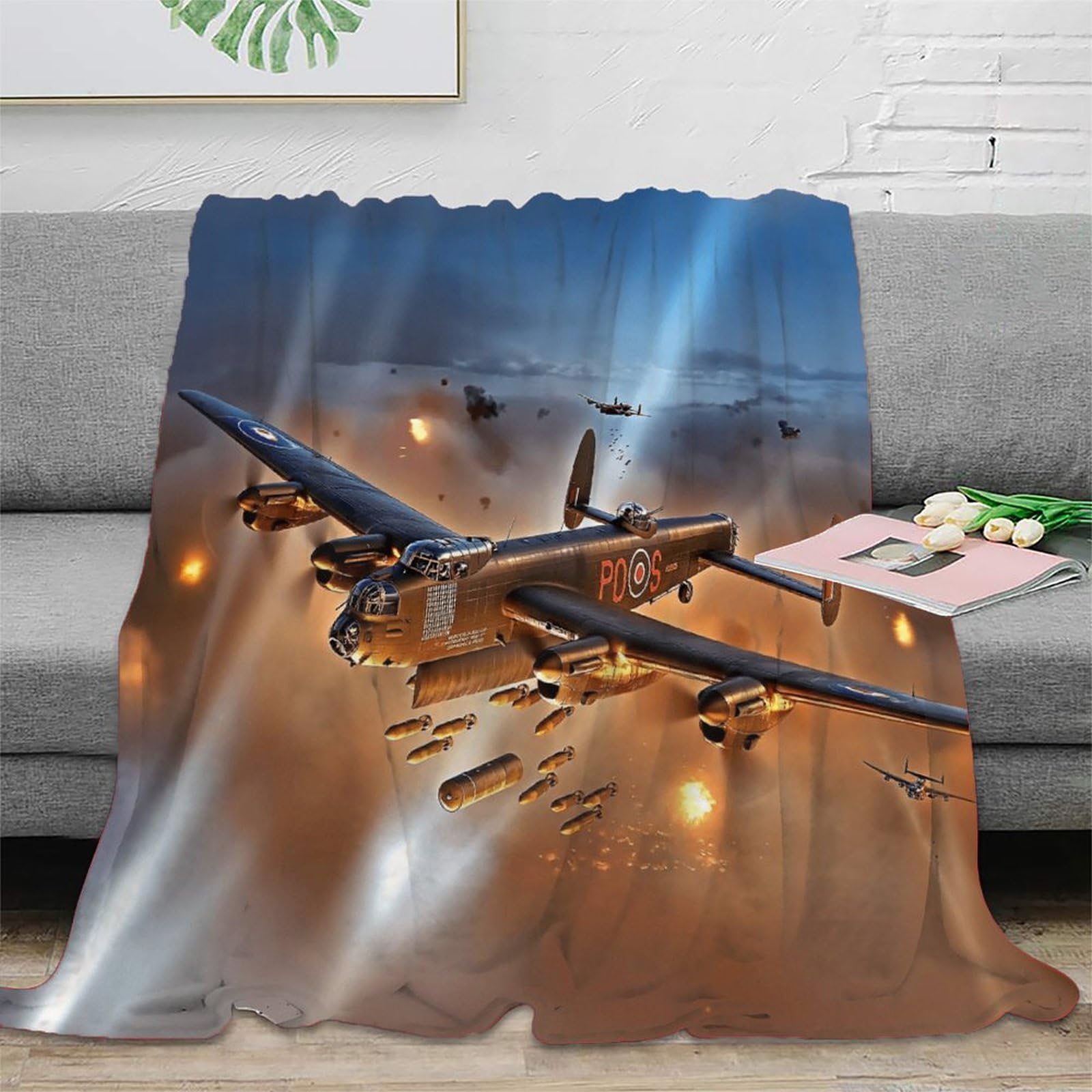 XiaopangXY Plush Fluffy WW II Aircraft Blanket - Super Soft Flannel Lancaster Bomber Blankets 40x50inch(100x130cm) Fuzzy Throw Blanket for Bed, Cozy Sofa Throw, Warm Lightweight Throws