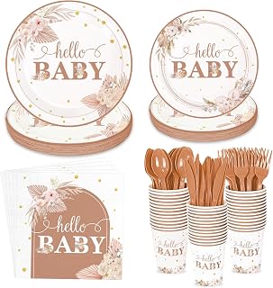 175Pcs Boho Baby Shower Party Plates and Napkins Tableware Set for 25 Guests, Boho Floral Arch Rainbow Baby Shower Decorations for Girl and Neutral Baby Shower Decoration