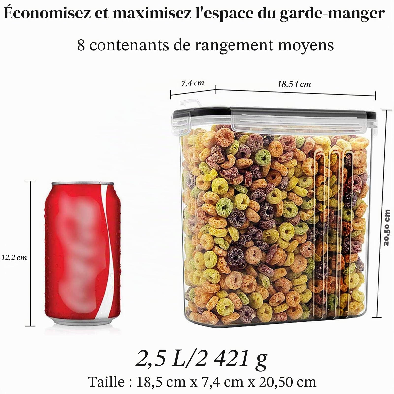Wildone Lot de 8 récipients hermétiques pour céréales et aliments secs - capacité de 2,5 L pour sucre, farine, etc - couvercles anti-fuites noirs
