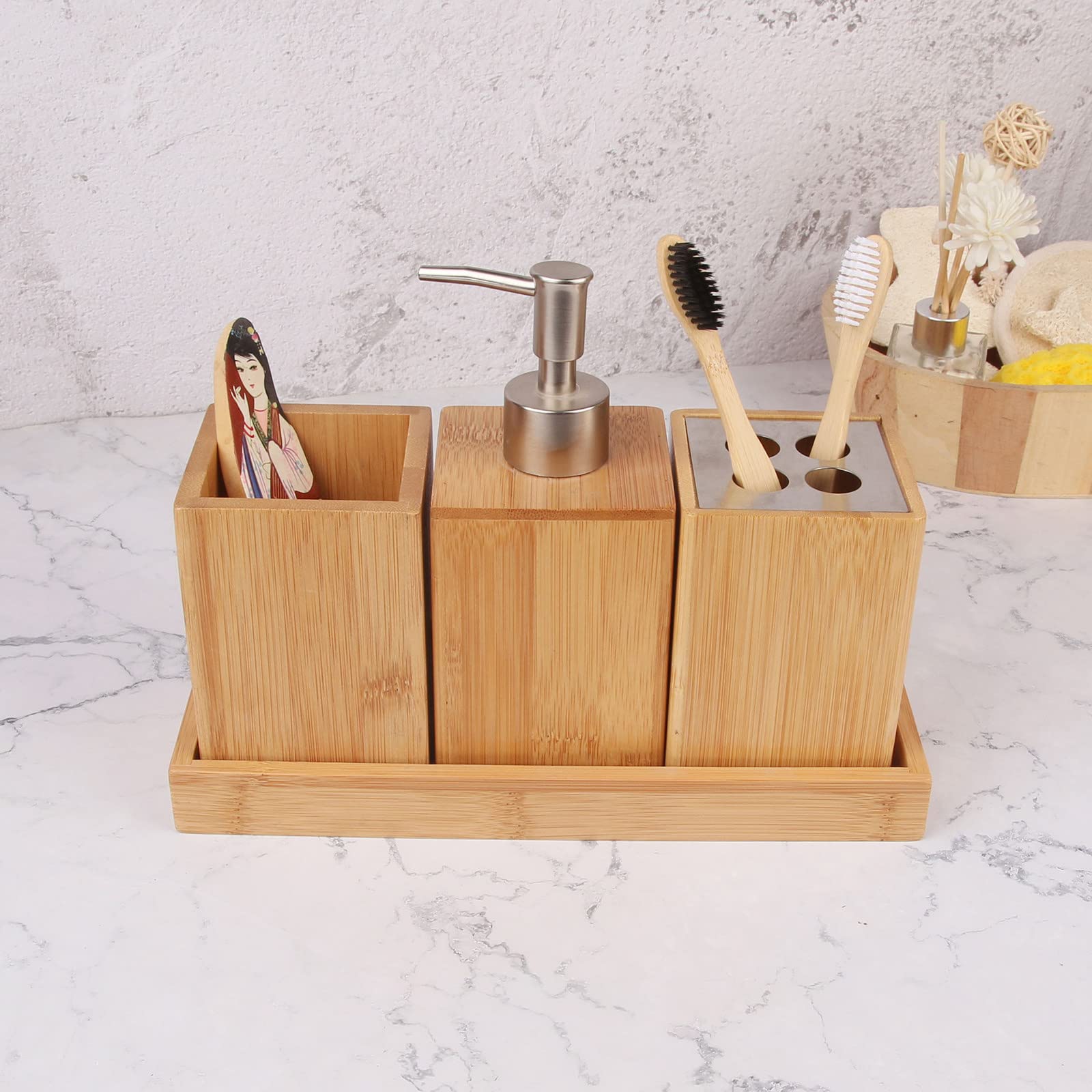 Juegos de Accesorios de Baño, Simple Madera Acesorios Cuartos de Baño 3 Piezas con Dispensador Jabon Baño Porta Cepillo de Dientes Bandeja, Multifuncional para Champú