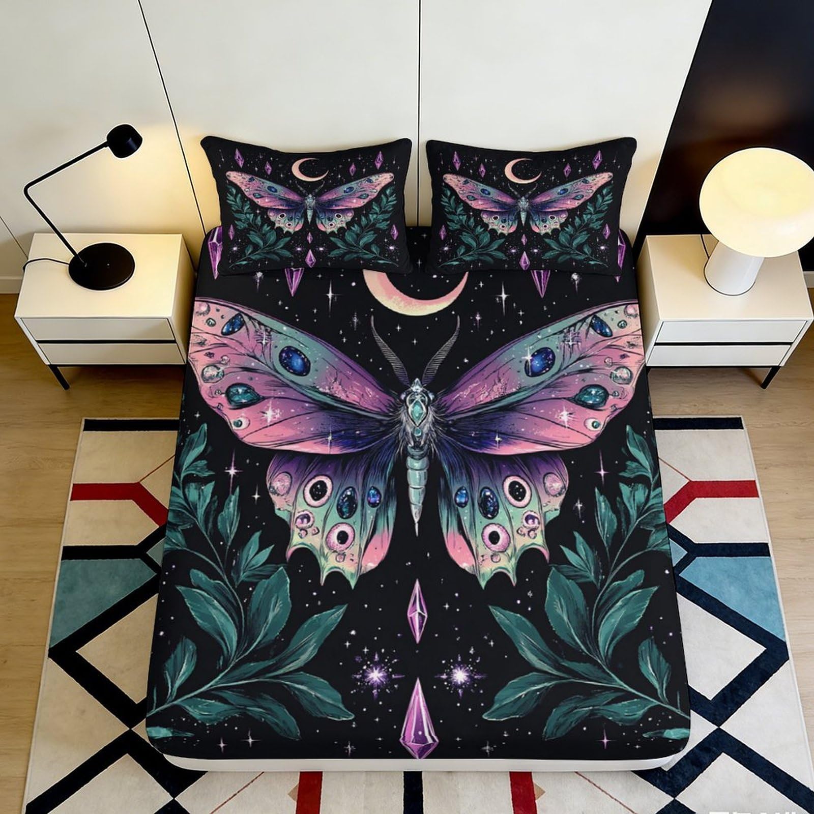 3D Printed Mystic Moth Fitted Sheet Microfiber Soft Washable Moon Crystal Bed Cover for Bedroom Dorm Mattress Decor 160x200x25cm