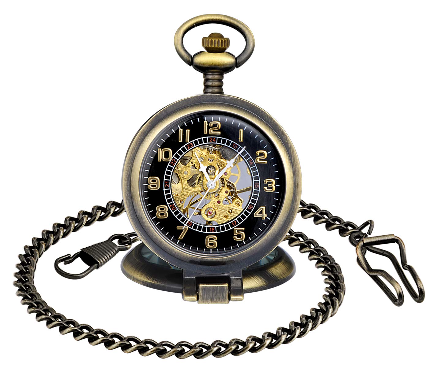 MICGIGI - Montre de poche mécanique à remontage manuel multifonction avec loupe, montre gousset de poche avec chaîne, Classique