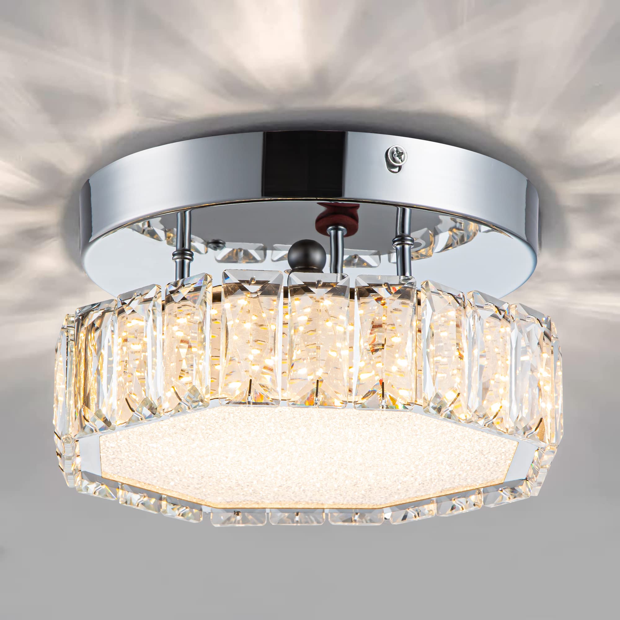 Crystal Ceiling Light Fixture Mini Chandelier with Crystals Semi Flush Mount Chandelier LED Modern Ceiling Light for Bedroom Hallway Bathroom Entryway Foyer Kitchen
