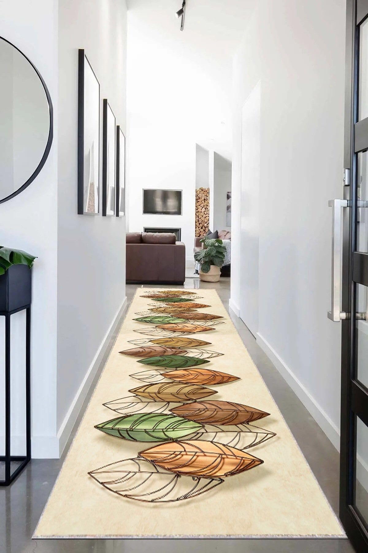 Pelangi Kuş Tüyü Desenli Dijital Baskılı Kaymaz Taban Yıkanabilir Modern Salon Halısı ve Yolluk, Bej-Yeşil 100 x 300, 95551121003007