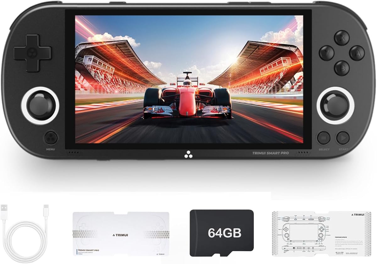 Trimui Smart Pro Retro Handheld Gaming Console Video Gaming Console Dual Joystick Design 4.96 inch 720x1280 IPS Screen 5000mAh Built-in 64G TF Card Portable Game Console Linux System Black