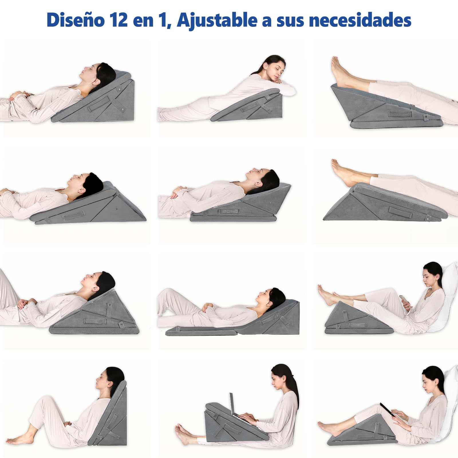 KingPavonini Almohada Cuña, Ajustable a 19, 23, 28 y 30,4 cm, Gel Memory Foam, Almohada Postquirúrgica para Soporte de Espalda, Piernas y Rodillas, Previene Reflujo Ácido, Bacterias, Acidez y Ronquido