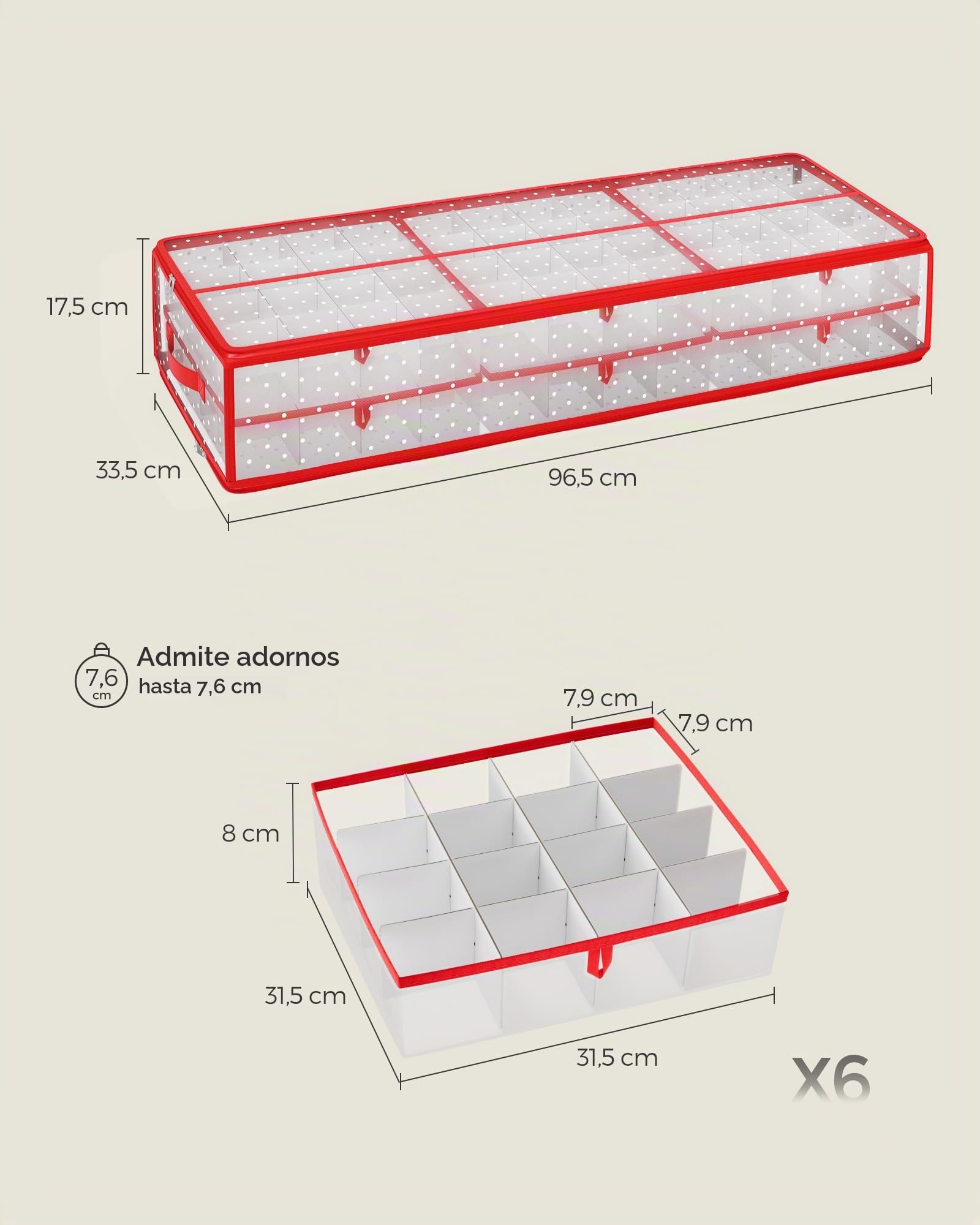 SONGMICS Caja Almacenaje para Bolas de Navidad, 96 Ranuras de 7,6 cm, 96,5 x 33,5 x 17,5 cm, Caja Almacenaje con Separadores, Cremalleras, Asas Laterales, Debajo de Cama, Rojo Cereza RFB031T02
