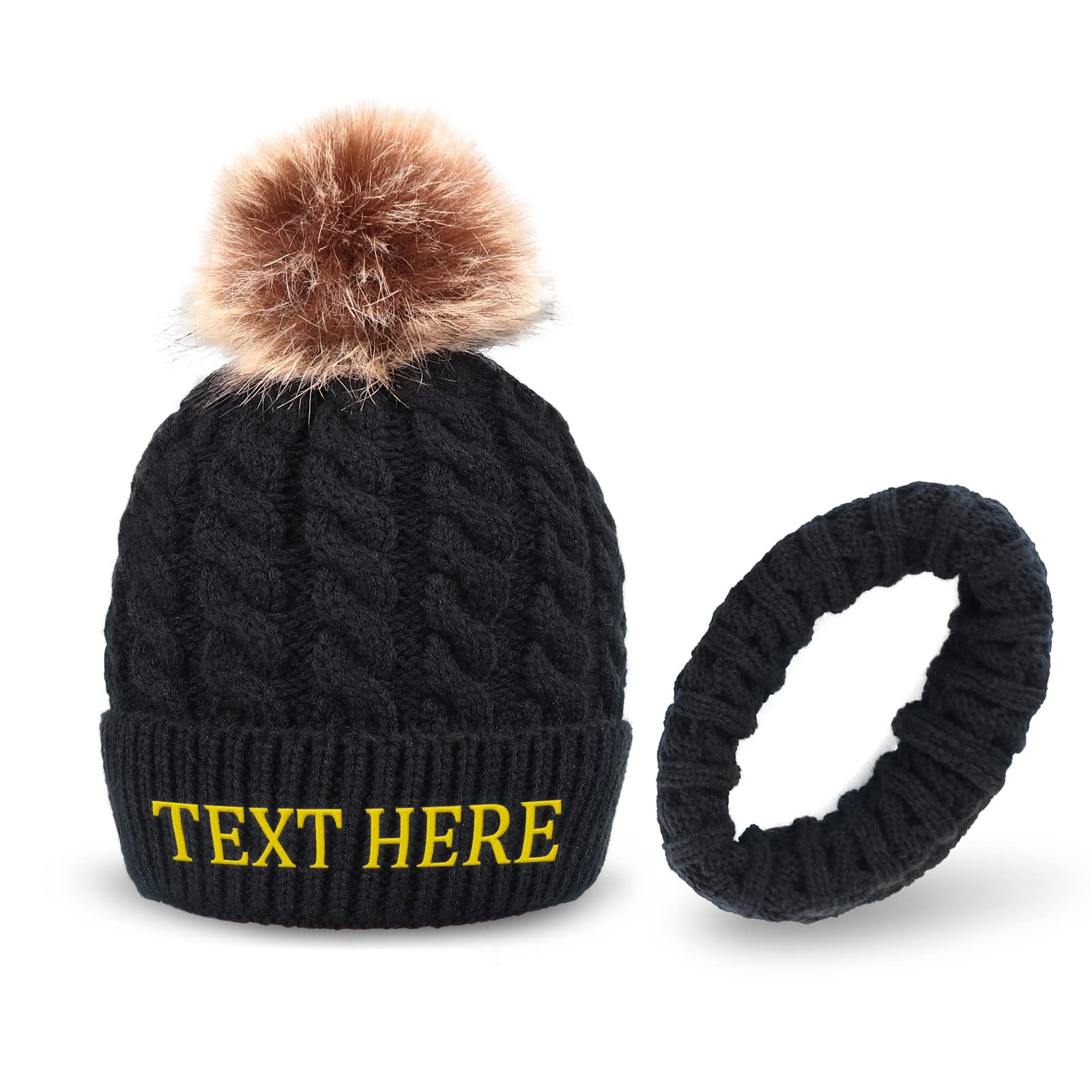 OXYEFEI Gorro Bebe Invierno, Personalizado Nombre Conjunto de Bufanda y Gorro de Punto,Color Puro Sombrero de Pompón para Niñas y Niños 3-5 Años