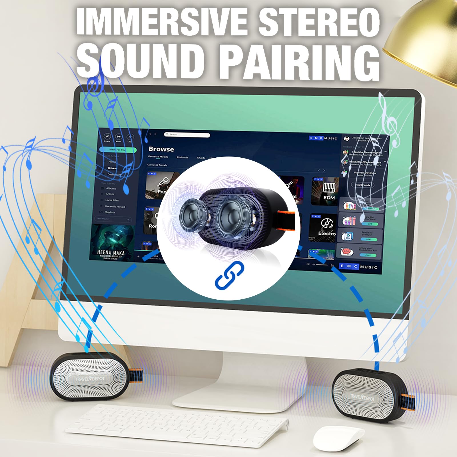 Travel Depot Enceinte Bluetooth avec son HD, base magnétique portable, sans fil, étanche IP66, jusqu'à 18 heures de lecture, jumelage TWS, BT5.3, pour la maison/fête/extérieur/plage, gadgets