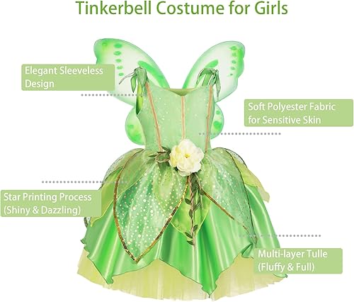 Miniatura 8 de Disfraz de princesa Tinker Bell para niñas pequeñas vestido de hadas para fiesta de cumpleaños vestido para ocasiones especiales con alas verde