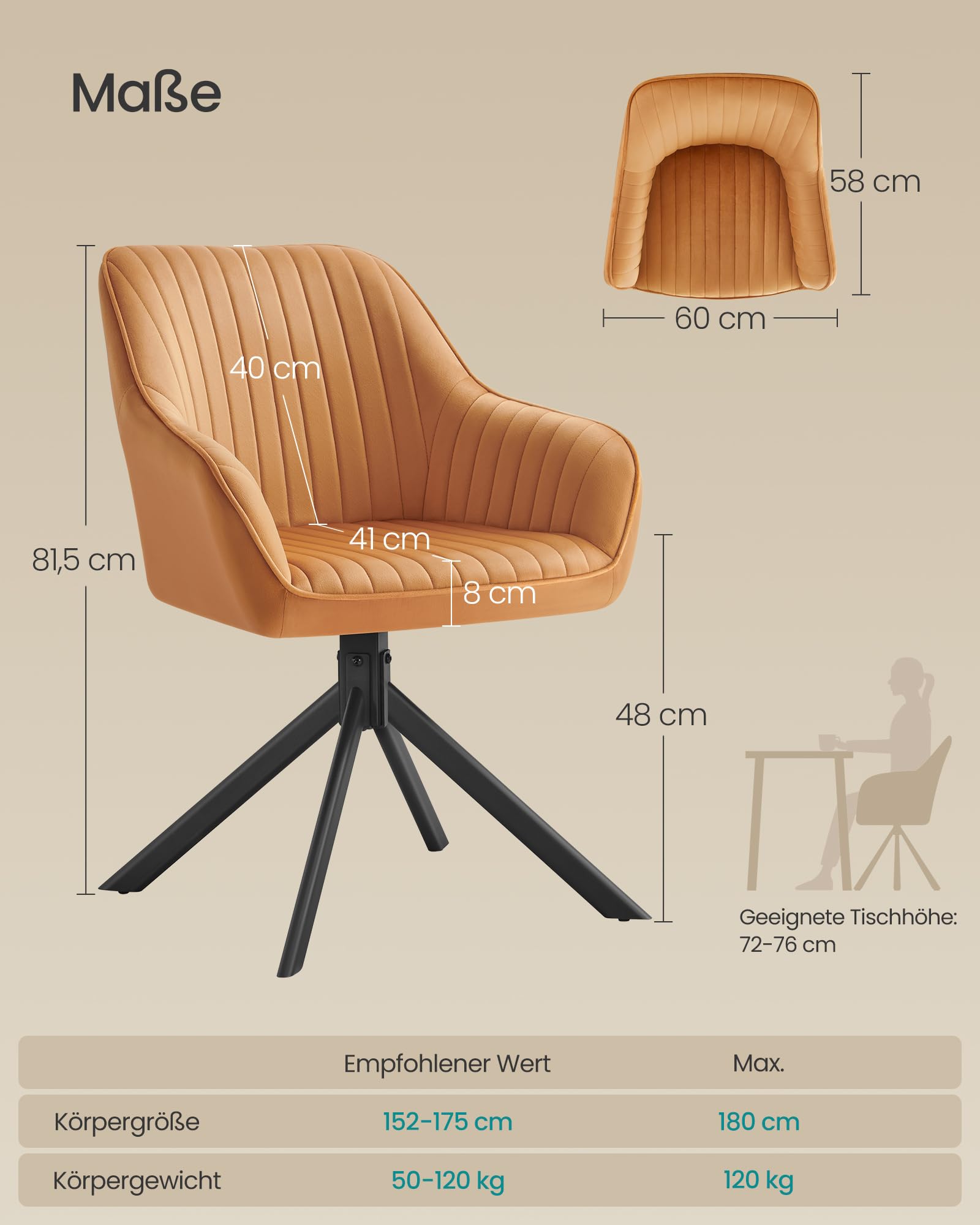 SONGMICS Esszimmerstuhl, bis 120 kg belastbar, Küchenstuhl, Sessel drehbar, Samt, Polsterstuhl mit Armlehnen, Stahlbeine, für Esszimmer, Küche, 2er Set, karamellbraun-tintenschwarz KDC161K01V2-2J