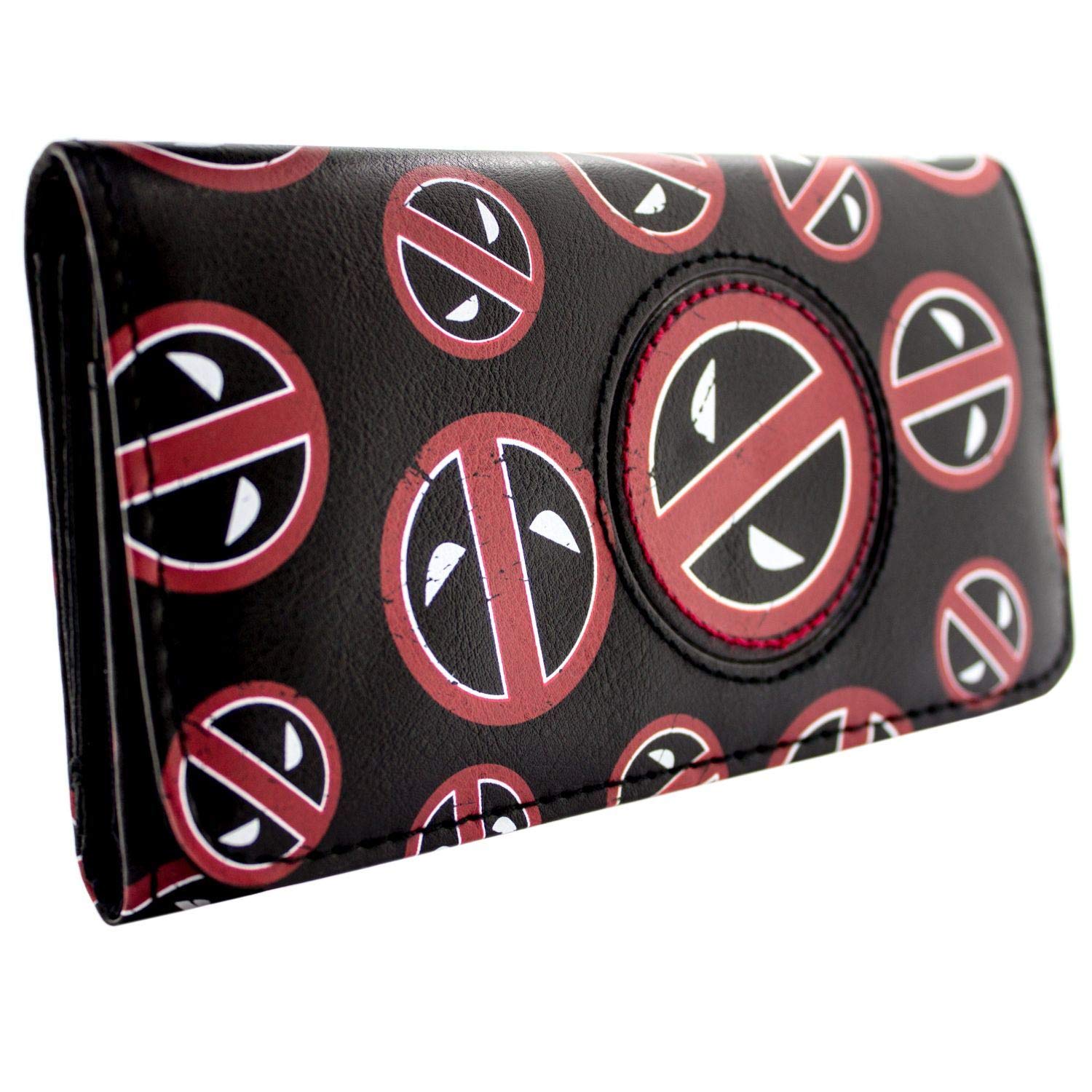 DeadpoolMERC with a Mouth! Patchwork Face Badges Purse Tri-Fold Coin Pocket & Card Holder, Black