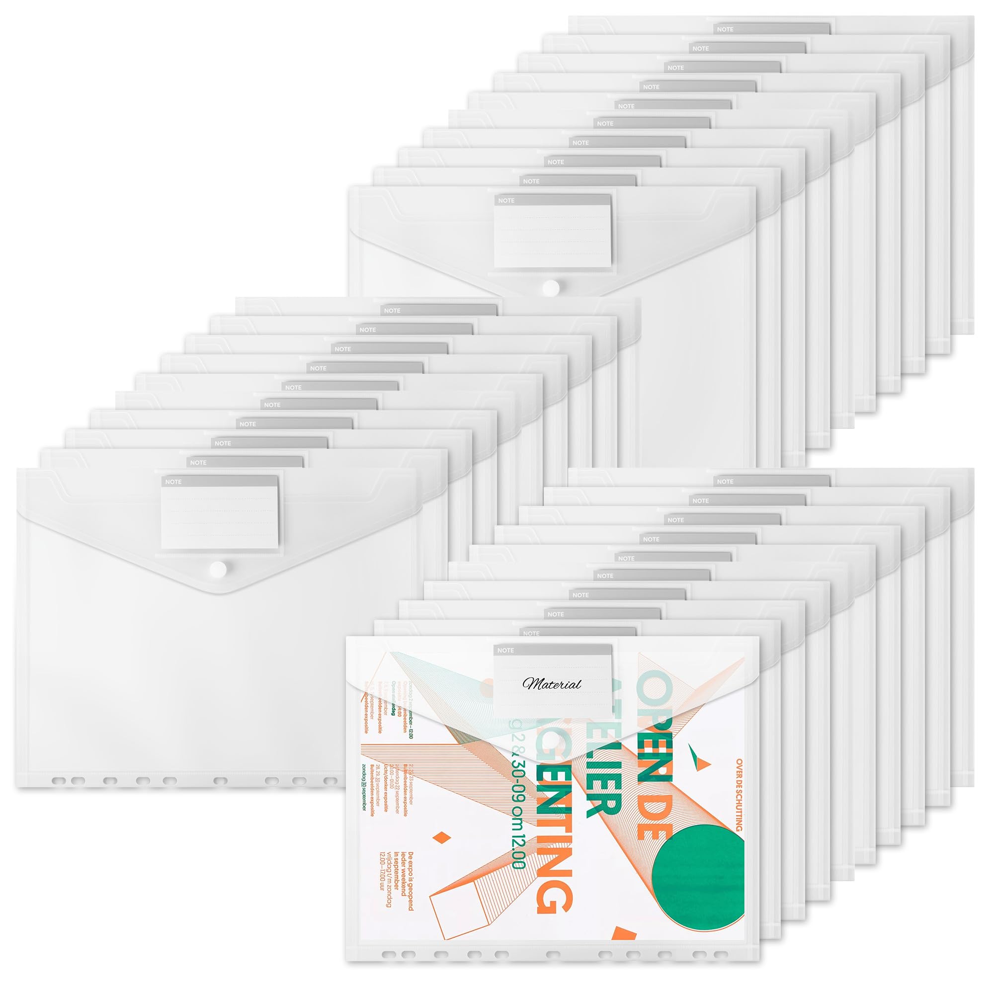 Lot de 30 Pochette Plastique Document A4, Pochette à Bouton Pression, Pochettes Classeur en Plastique A4 Transparente, Porte Document, Chemise Plastiques Transparents - 30.5 * 24CM