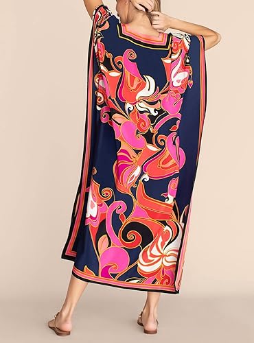 Miniatura 2 de Cashew Flower Silk Caftan Women Vneck beach Cover up Caftans Loose Plus Size Floral Print Side Split Kaftan Dresses