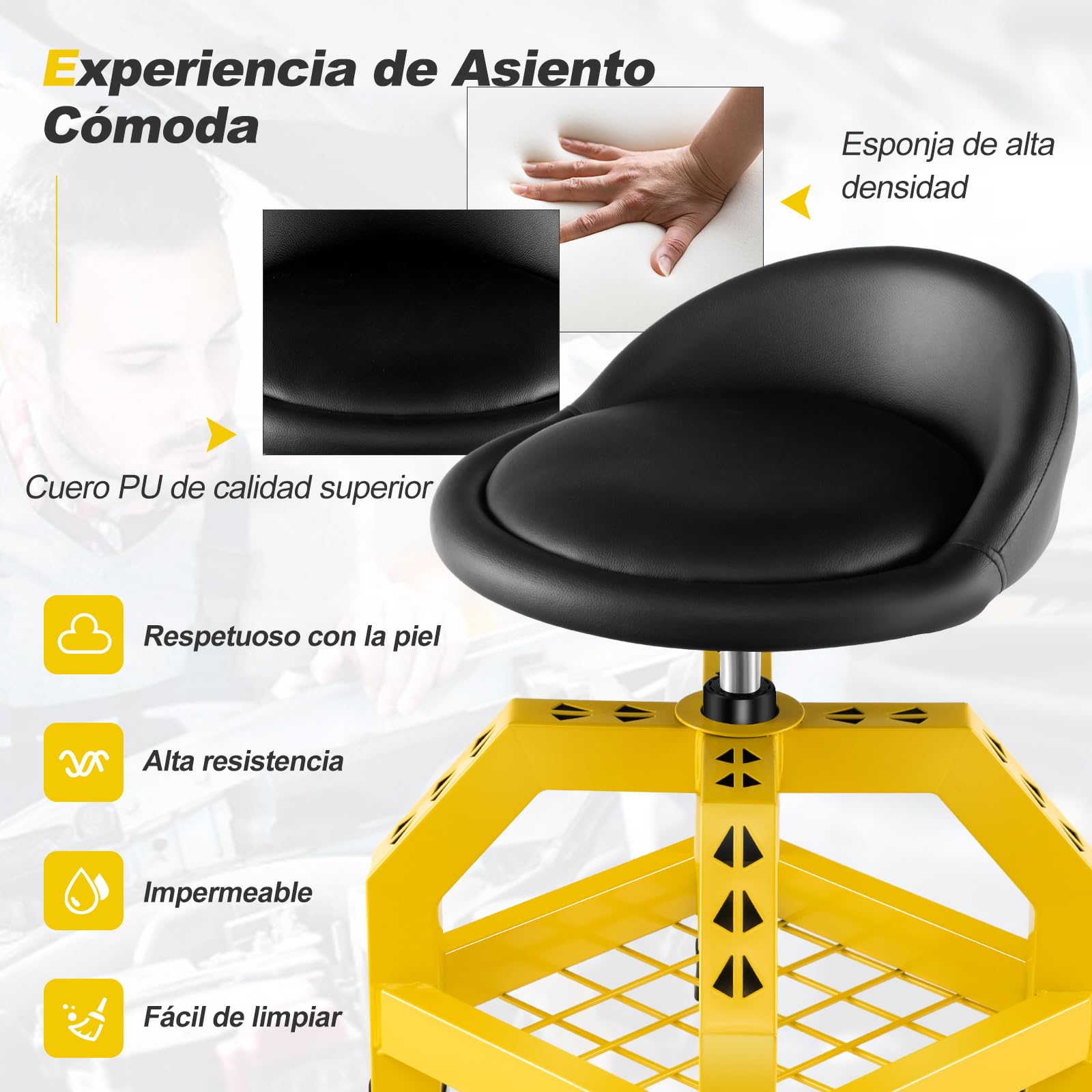 GOPLUS Taburete de Taller con Ruedas, 67-80 cm Altura Ajustable, Taburete Mecánico con Bandeja para Herramientas y 4 Ruedas Universales, Carga 150 kg, Asiento Giratorio para Garaje Taller (Amarillo)