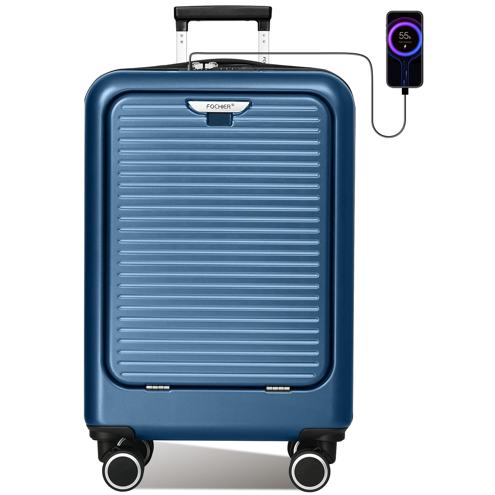FOCHIER Carry On Luggage 22x14x9 Airline Approved with Front Compartment & USB Port, Hard Shell TSA Approved Carry On Suitcase with Spinner Wheels, Blue
