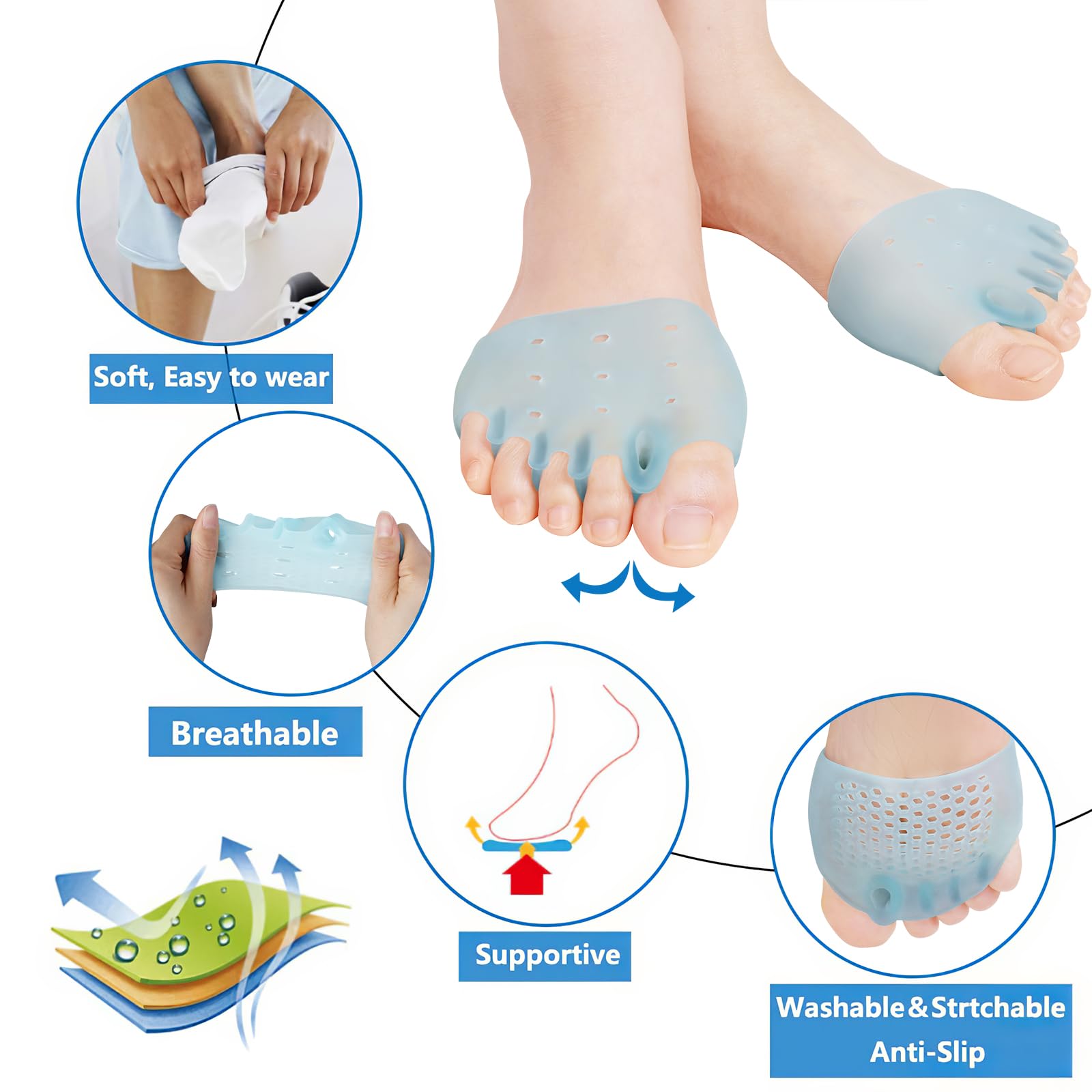 Mittelfußpolster, Gel-Zehenspreizer, Ballenzeh-Korrekturkissen, Zehenspreizer, Ballenfußkissen, weich und atmungsaktiv, ideal für Morton-Neuralgie, Blasen, Diabetikerfüße, Hammerzehen, schnelle