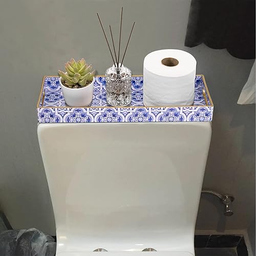 Miniatura 2 de MAONAME Bandeja decorativa azul, bandeja de plástico con asas, bandejas marroquíes rectangulares, bandejas largas y estrechas para baño, encimera de