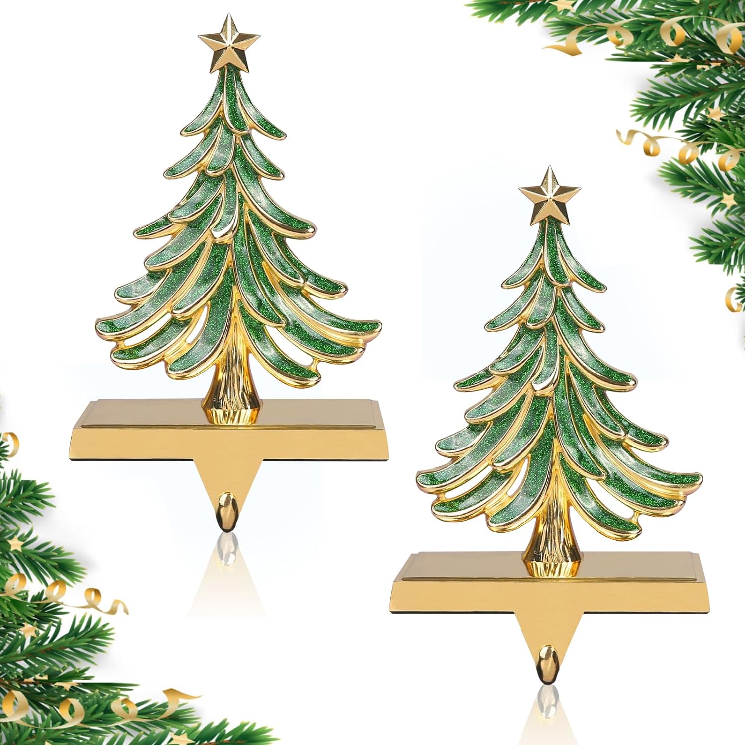 JUSTOTRY 2PC Christmas Stocking Holders for Mantle Glitter Green Xmas Tree Gold Stocking Holder for Fireplace Home Decor Holiday Gifts Christmas Decorations Supplies Non-Skid Durable and Sturdy Gold & Green 2Pc