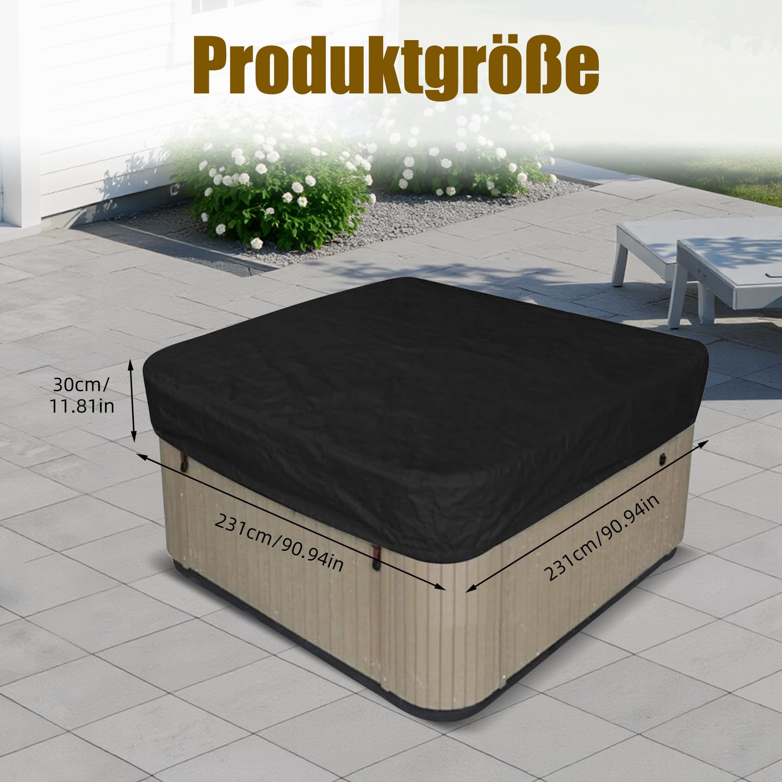 ACESOME Cubierta para jacuzzi, cubierta de piscina, 231 x 231 x 30 cm, cuadrada, para todas las condiciones climáticas, para jardín, jacuzzi, tela Oxford 210D, lona de piscina protección contra el