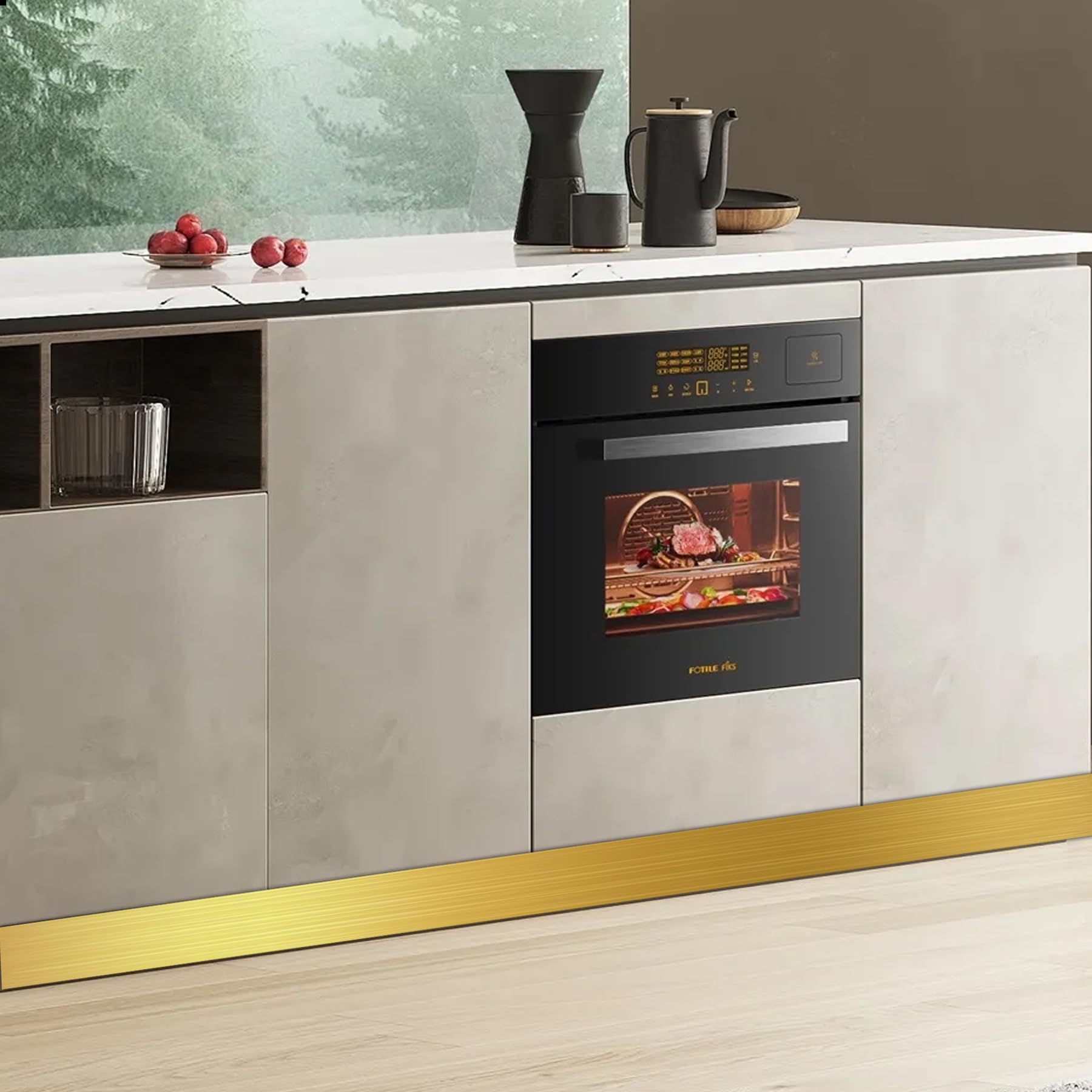Lunghaa Plaque de protection autocollante en métal pour plinthe - Revêtement de base anti-rayures pour mur, porte, placard de cuisine (300 x 8 cm, or brossé)