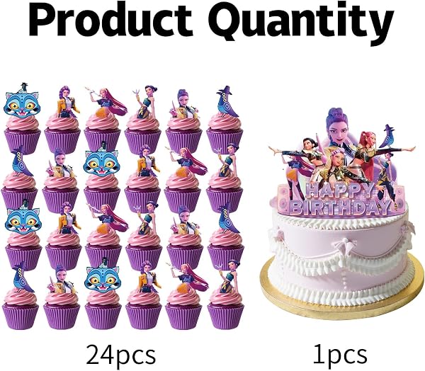 25 Pcs Anniversaire K-pop, Kit Anniversaire Demon Hunter, Décoration Gâteau et Cupcakes avec Cake Topper Happy Birthday, Décoration d’Anniversaire pour Fille, Fournitures de Fête Thème Cartoon - 2