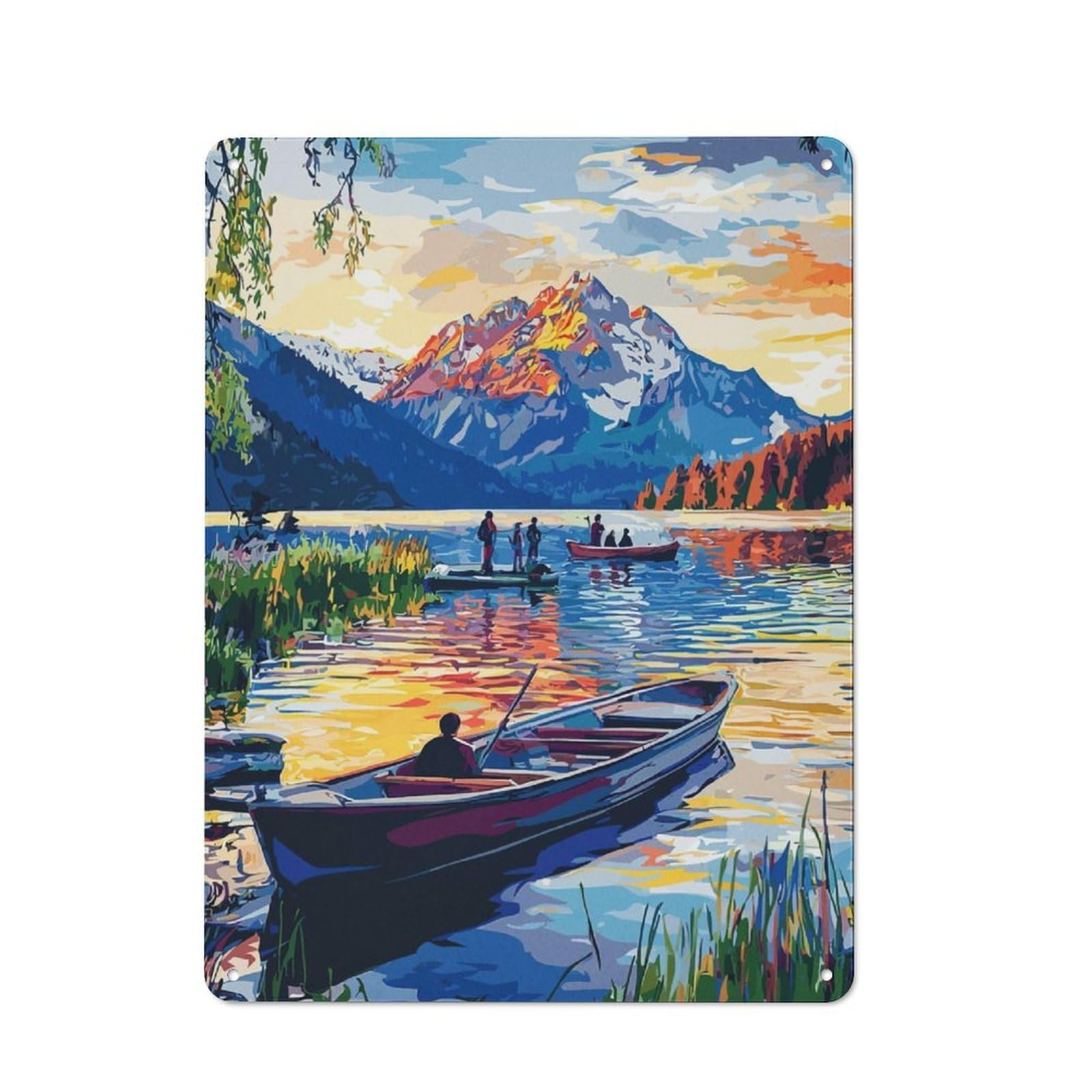 Junmoney Mountain Lake Sunset Metal Plaque 40X30cm With For Hallway Wall, Rustic Decor, For Garage, Workshop And Man Cave Decoration