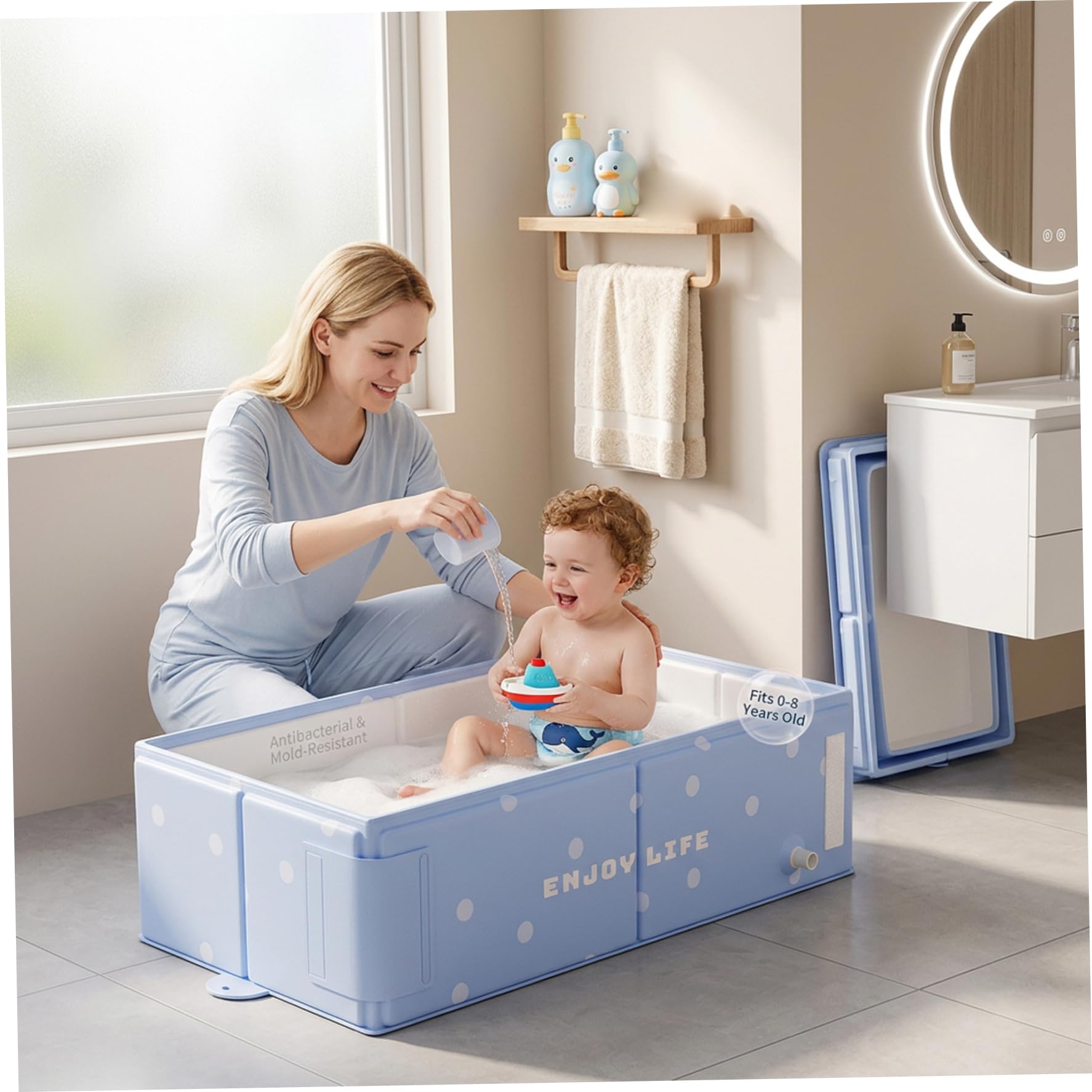 Bañera plegable para bebé, plegable, para recién nacidos y niños pequeños, portátil que ahorra espacio, azul