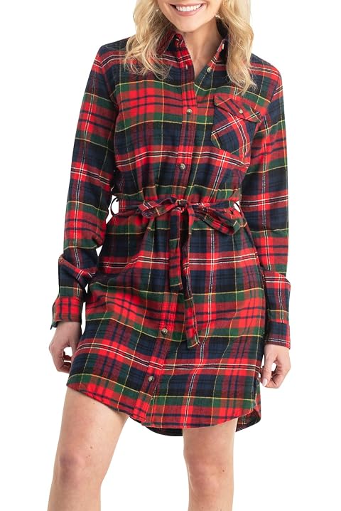 Legendary Whitetails womens Open Spaces Dress Plaid Flannel Long Sleeve Button Up Tunic With Belt