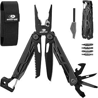 MOSSY OAK CNC-Machined Multitool Pliers, 27-in-1 Multi Tool with Pocket Knife, Fire Starter & Whistle, Bottle Opener, Screwdriver – Self-Locking Survival Tool for Camping & Hiking, Black