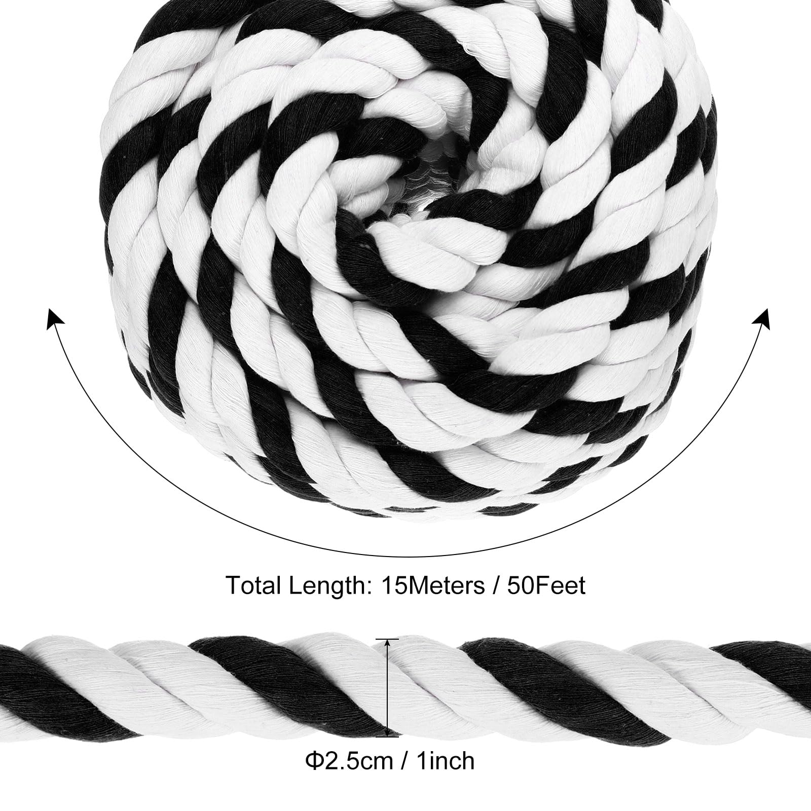 PATIKIL 1 Inch x 50 Feet Natural Twisted Cotton Rope 3 Strand Strong Thick Cotton Rope Tug of War Rope for Railings Crafts Games Home Decor Black White - Image 2